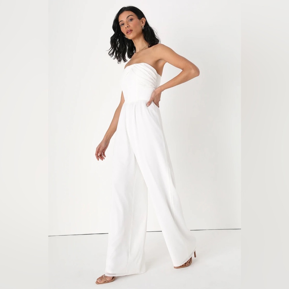 Lulu’s Posh Passion Ivory Strapless Bustier Wide-Leg Jumpsuit